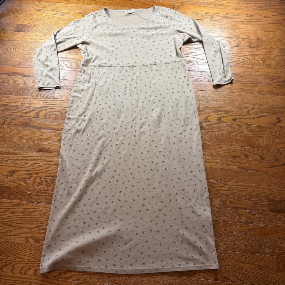 Vintage‎ Eddie Bauer Nightgown Womens XXL Tall Tan Floral Cotton Knit Minimalist